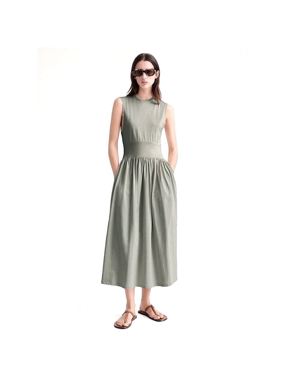 TOTEME Pleated Organic Cotton Tee Midi Dress in Pale Sage XS